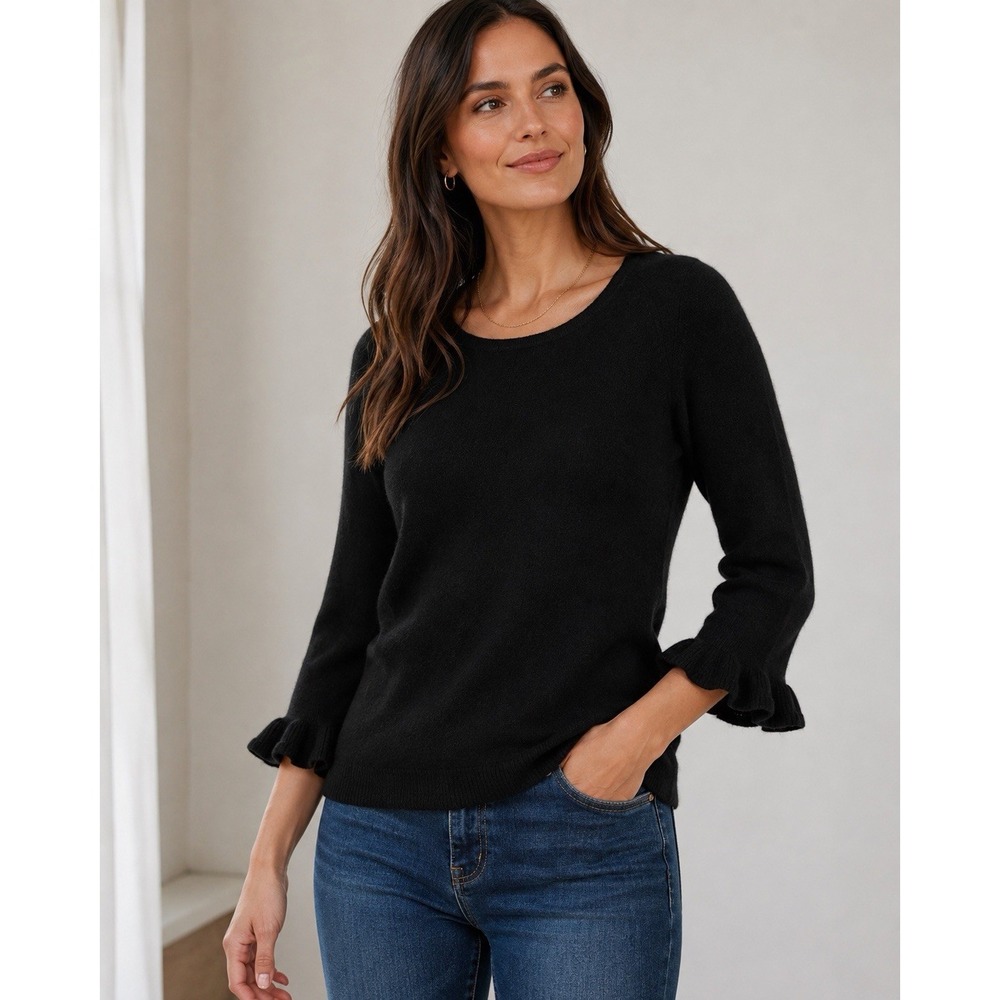 Autumn Cashmere Women's M 100% Cashmere Sweater Black Ruffle Bell Sleeve Luxury